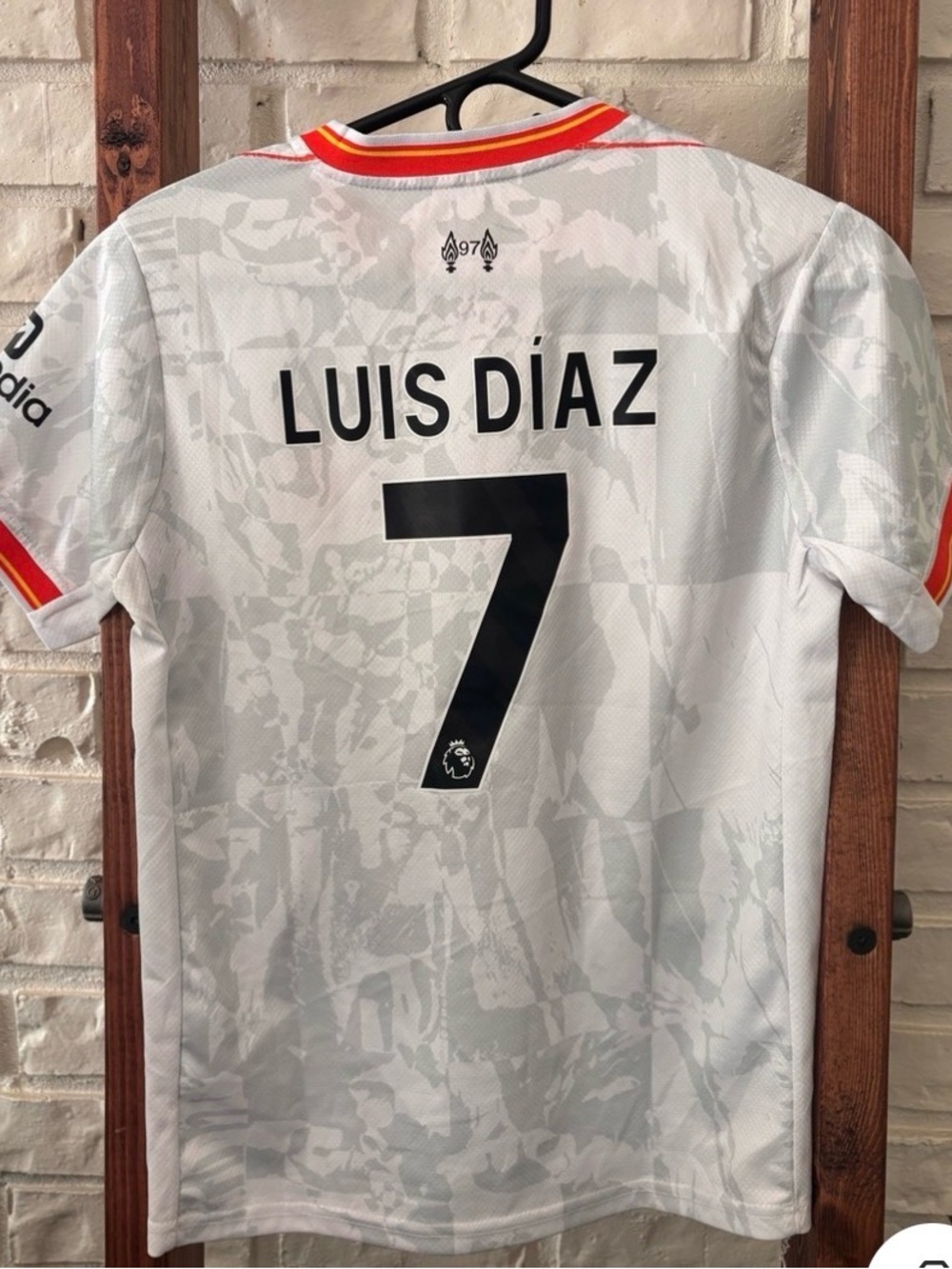 Nike White Liverpool FC Men’s Jersey with Red and Yellow Trim Luis Diaz
